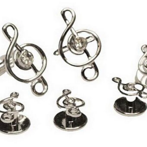 Silver Musical Treble Clef Formal set with CZ center Stone on links & Studs - Picture 1 of 1